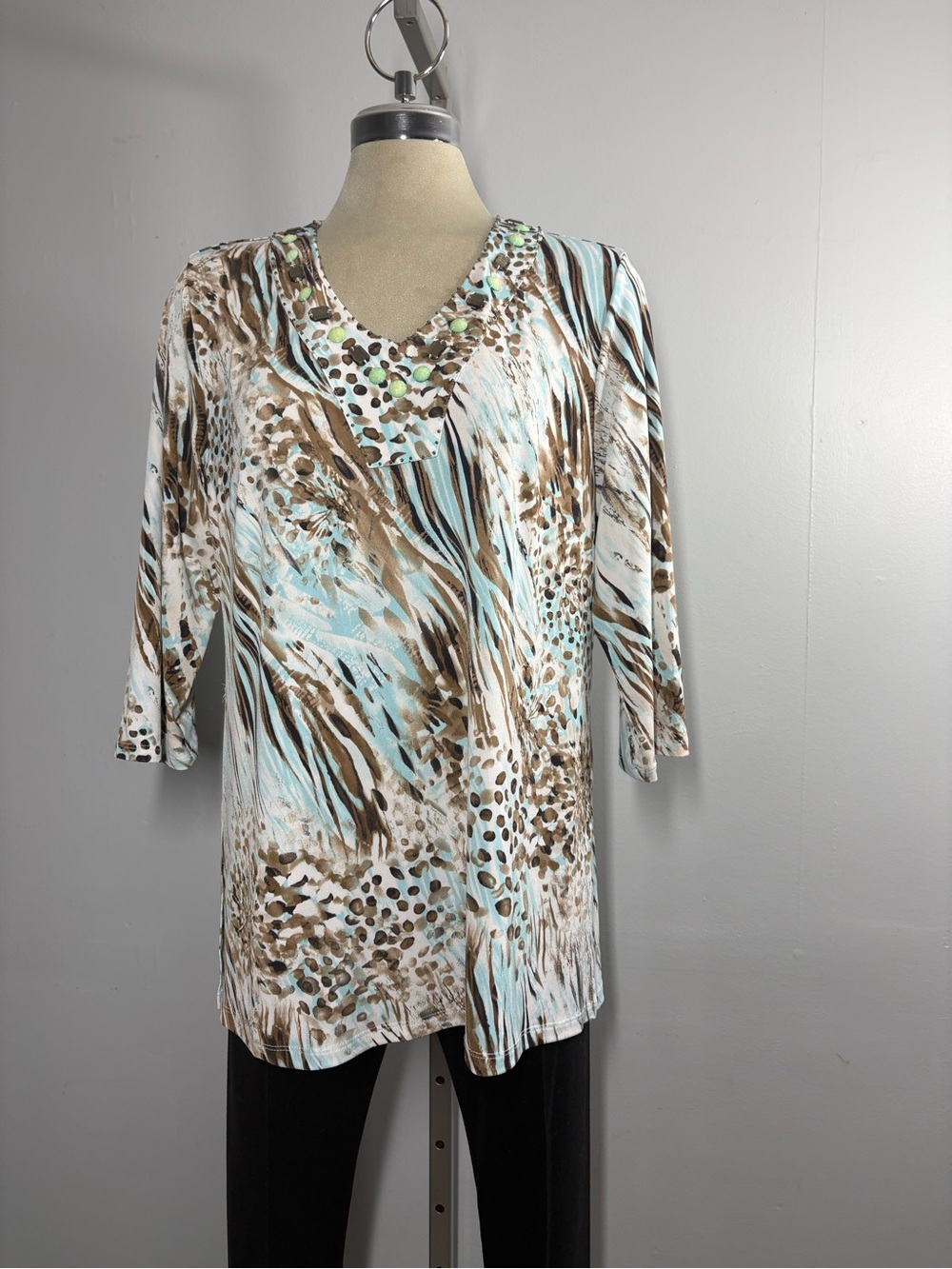TanJay Aqua and Brown Animal-Print V-Neck Tunic